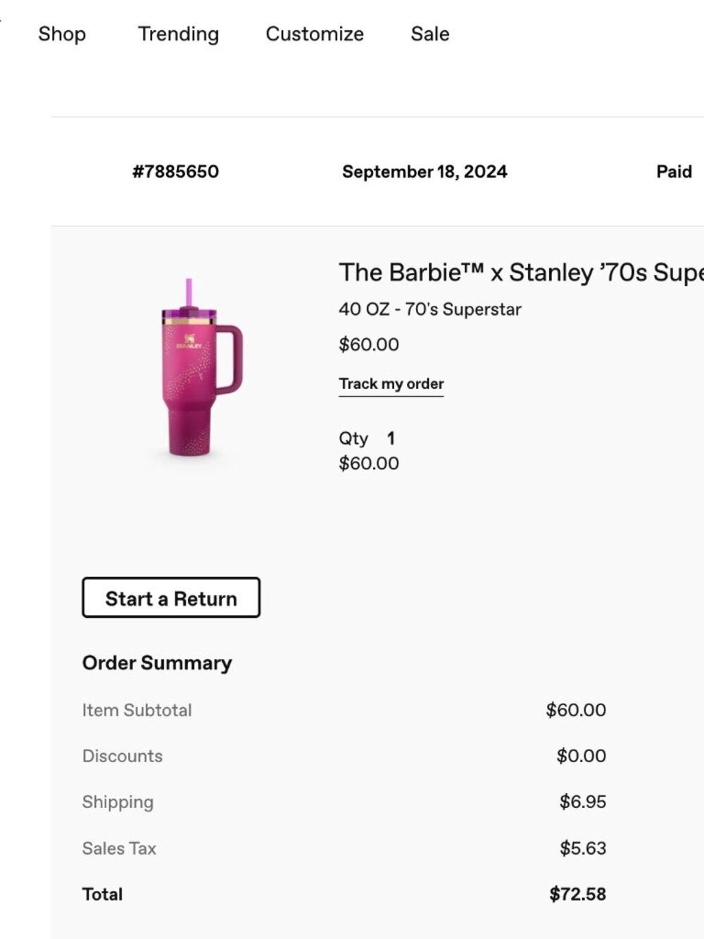 Stanley x Barbie '70s Superstar Purple Pink 40 Oz Quencher Tumbler NIB Ltd Ed - Picture 3 of 14